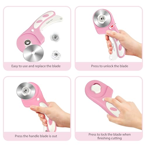 Headley Tools Rotary Cutter 60mm Upgraded with Bearing Design for Smoother and deeper cutting, Ergonomic Handle Rolling Cutter with Safety Lock for Fabric, Fabric, Leather, Crafting, Sewing, Pink - color: Pink, size: 60mm