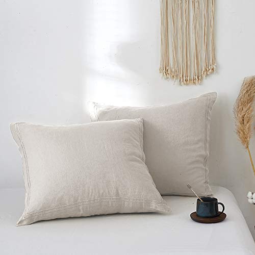 Simple&Opulence 100% French Linen Euro Shams with Embroidery (26'' x 26'') - Pack of 2 - Pre Washed Solid Color Natural Flax Soft Breathable - Linen - color: Linen, size: Euro Shams