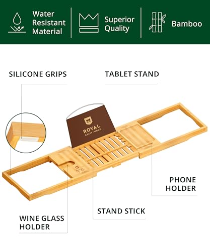 ROYAL CRAFT WOOD Premium Foldable Bathtub Tray Caddy - Wood Bath Tray for Tub, Bamboo Shelf, Expandable Bath Table Trays, Bathtub & Bathroom Accessories for New Home & Mothers, Birthday Gifts for Mom - color: Natural Bamboo