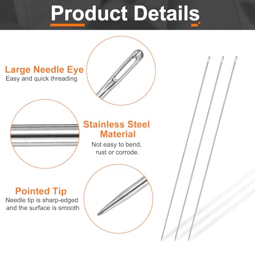 HARFINGTON 4pcs Upholstery Needles 3mm Diameter 300mm (11.81") Extra Long Large Eye Stitching Sewing Straight Hand Needles Stainless Steel for Leather Tapestry Embroidery Tufting Webbing - size: 300mm