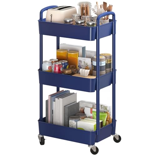 Sywhitta 3-Tier Plastic Rolling Utility Cart with Wheels for Storage,Blue - color: Blue, size: 3-tier