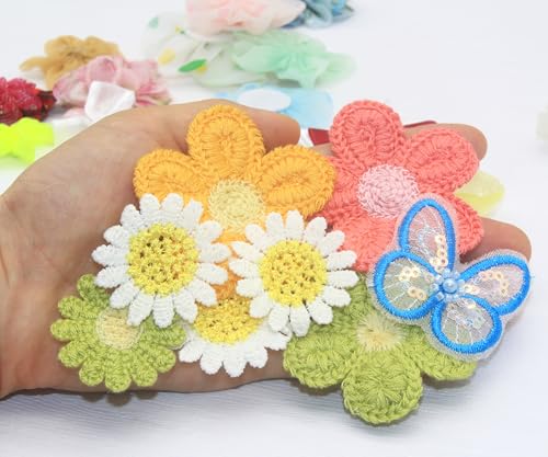 100 Pcs Mixed Ribbon Bows Organza Flowers Lace Beaded Appliques Patches
