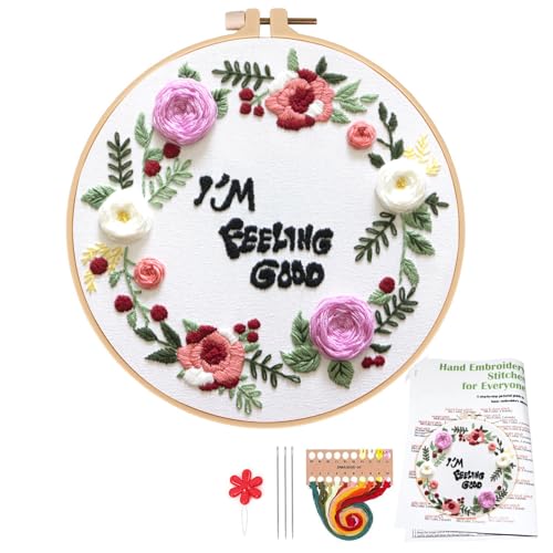 Topapfo Funny Embroidery Kit for Beginners Adults, Feeling Good Embroidery Patterns with Hoops Thread Needles Tutorials - color: feeling good