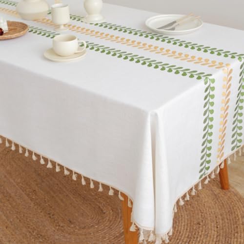 AMZALI Cotton Linen Square Tablecloth Embroidery Leaf Pattern Weight Farmhouse Table Cloth Tabletop Decoration Tassel Wrinkle Free Table Cover for Dining Outdoor and Indoor - color: Color Leaf, size: 55" x 55" (Square)