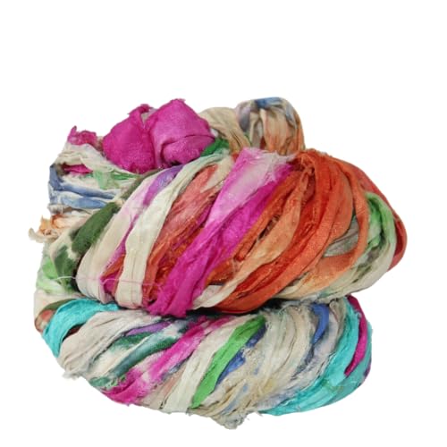 Knitsilk Recycled Shibori Sari Silk Ribbon Yarn- Great for Rug Making, Crochet, Knitting, Embroidery, and Jewelry Making |Sustainable and Unique Texture Ribbon Yarn|50 GMS-30 Yards-Multicolor |