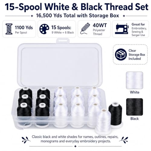 Simthread 15-Color Polyester Machine Embroidery Thread Set, 9W 6B - color: 15C-Black-White-Box