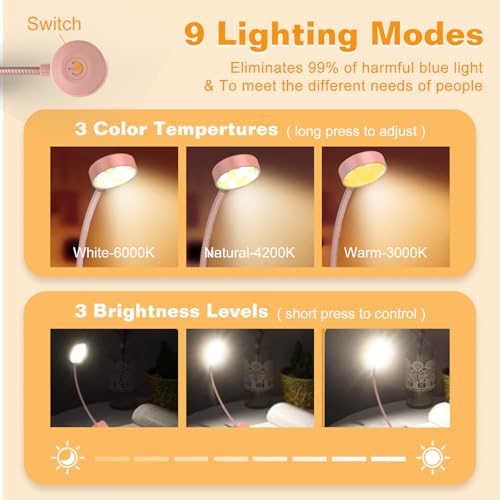 KTEBO 2 Pack Rechargeable Book Light Clip-On Reading Light for Books in Bed - color: Black & Pink