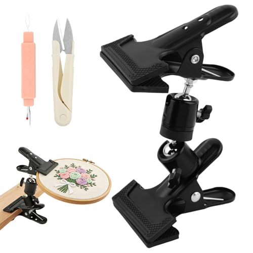 Portable Metal Embroidery Hoop Holder, 360° Rotatable Adjustable Embroidery Stand, Black Hands-Free Desktop Clip for Cross Stitch & Needlepoint, Compatible with Most Framework