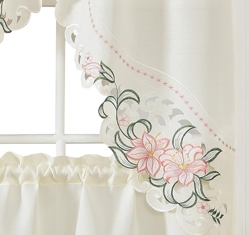 GOHD Lily Fragrance 3pcs Colorful Embroidery Kitchen Cafe Curtain Set.Rose - color: Rose
