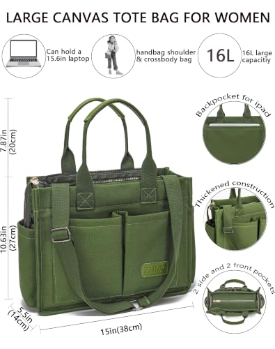 ZHMO Canvas Tote Bag for Women,Women's Bags Crossbody Bags Work Laptop Tote Bag Large Handbags Purse for Travel Nurse Teacher - color: New Upgrade Army Green With Compartments and Side Cup Holders