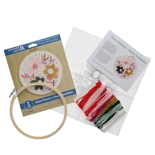 LEISURE ARTS Embroidery Kit 6" Fancy Flowers - Embroidery Kit for Beginners and Adults, Cross Stitch Kits with Patterns, DIY Starter Set for Seasonal Craft Projects