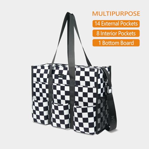 TOPDesign Utility Water Resistant Tote Bag with 22 Pockets, Zipper Closure - color: Checkerboard, size: Medium