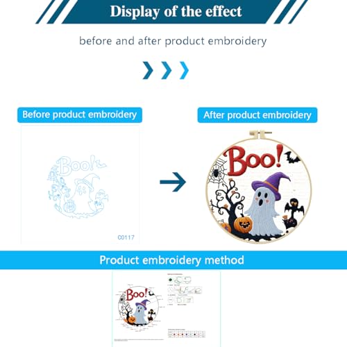 Zhenqing Halloween Ghost Embroidery Kit for Beginners, Cute Boo Needlework Kit with Pre-Printed Cotton Fabric, 20cm Hoop, Threads & Tools, Spooky DIY Wall Decor (C0117) - style: Halloween Ghost