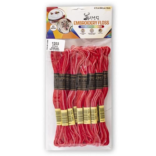 Pack of 12 Premium Embroidery Thread | 100% Egyptian Cotton Premium Skeins | Cross Stitch Embroidery Floss | Oeko TEX Certified | Ideal for Arts & Crafts (Red Variegated 1203) - color: Red Variegated 1203