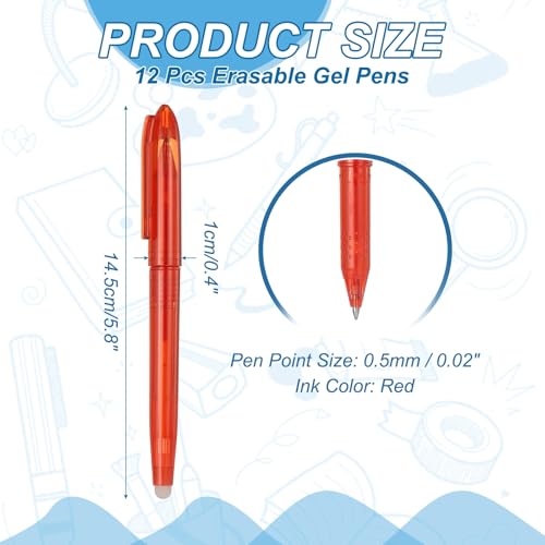 PATIKIL 12Pcs Erasable Gel Pens, 0.5mm Fine Point Heat Erasable Marking Pen with Cap Smooth Writing Fabric Markers for Sewing Drawing Writing Planner, Red Ink - color: Red