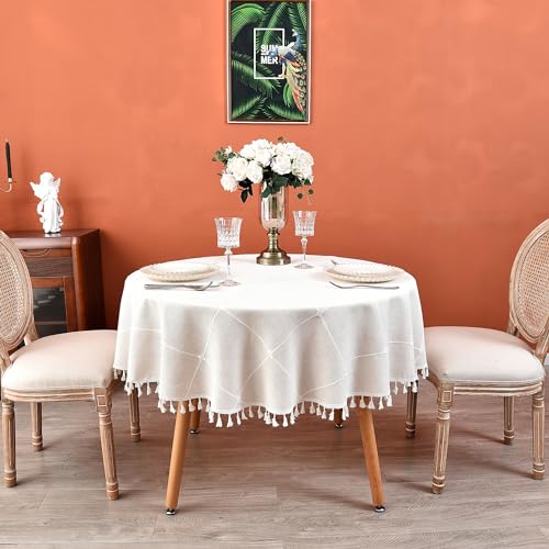 Plaid Round Tablecloth 60 Inch Cotton Linen Round Table Cloth - color: Off-white, size: 60" (Round)