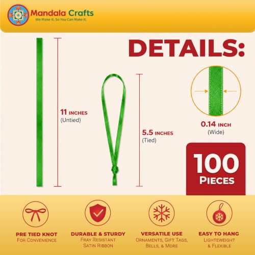 Mandala Crafts Green Christmas Ribbon Ornament Hangers Loops, 100 PCs - color: Green