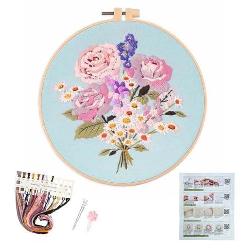 Silentsea Embroidery Kit, Floral and Nature Designs, 3-Pack with Hoops, Needlework Pattern Set (Flower-2) - color: flower-2