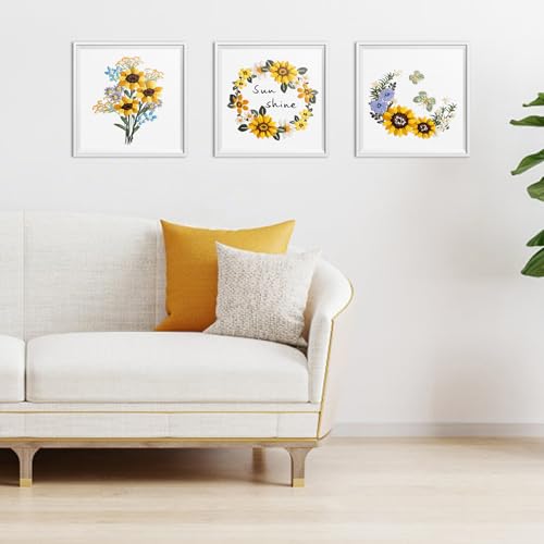 ERKOON 3 Sets Embroidery Kit, Floral Cross Stitch Set for Include Embroidery Cloth Hoops Threads for Craft Lover Hand Stitch (Sunflower) - color: Sunflower
