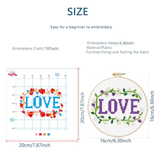 Zhenqing Love Word Cross Stitch Kit for Beginners, 11CT Printed 20x20cm with 16cm Hoop, Purple & Floral Embroidery Set(70835) - color: LOVE
