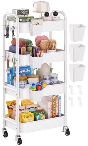 4 Tier Rolling Storage Cart Metal with Wheels, 37in Heavy Duty Roller Carts - color: Light White, size: 4 Tier + Cups + Hooks