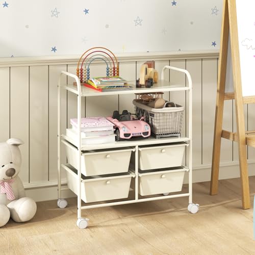 Giantex Rolling Storage Cart w/ 4 Drawers 2 Shelves Metal Rack Shelf Home Office School Beauty Salon Utility Organizer Cart with Wheels, Ivory - color: Ivory, size: 4 Drawer-25"x14.5"x29.5"