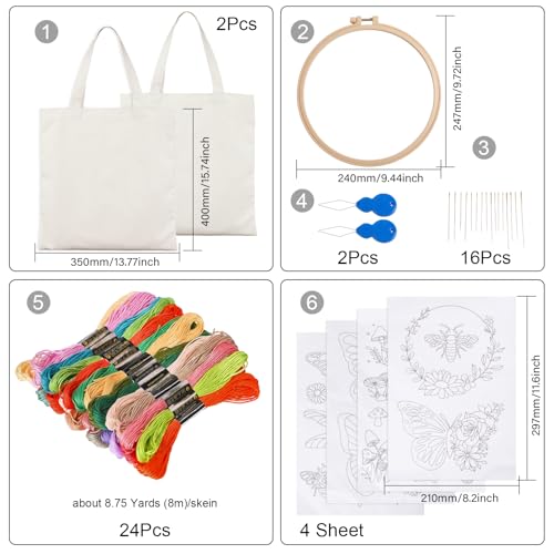 GLOBLELAND Canvas Tote Bag Embroidery Kit with 2 Pcs Storage Bag 1pc Embroidery Hoop 18 Pcs Embroidery Needles 4 Sheets Bee Butterfly Water-Soluble Embroidery Stabilizers 24 Pcs Threads