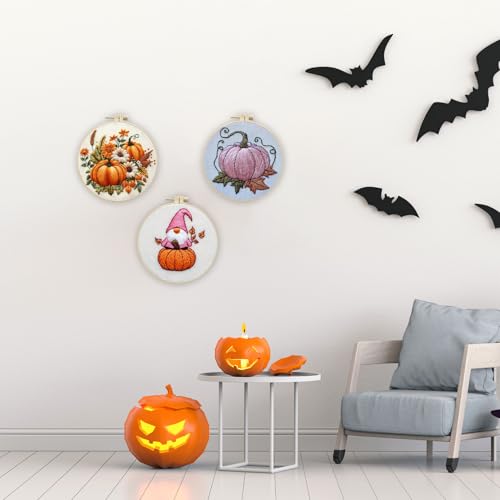 LB Pink Fall Embroidery Kit for Beginners Adults, 3 Sets Hand Embroidery Starter Kit with Gnome Pattern and Instructions Stamped Cross Stitch Kits Include Embroidery Hoop Needles Threads Scissors - color: Orange Pink