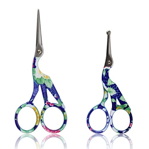 Stork Bird Rounded Safety Tip Embroidery Craft Stainless Steel Crane Scissors - Blue - 2 Pairs - color: Blue, size: 2 Pairs