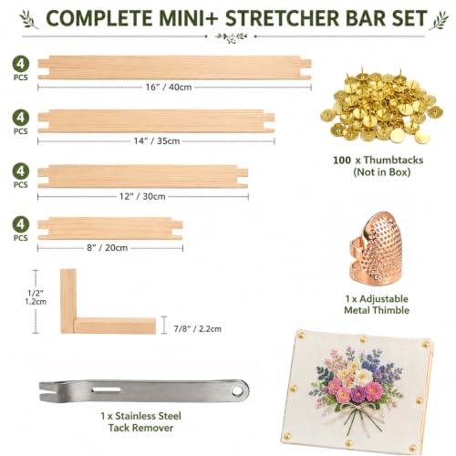 16PCS Needlepoint Stretcher Bars Set, Wooden Stretcher Bars for Needlework, 4 Sizes (8, 12, 14, 16 Inch), 100 Thumb Tacks, Tack Remover & Metal Thimble