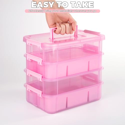 CraftGenes Art Supply Storage Organizer, 4-Tier 10 Qt Box, 2 Trays, Pink - color: Pink