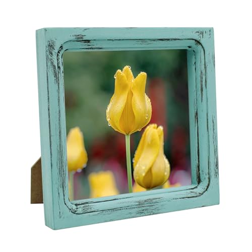 CVHOMEDECO. 6x6 Picture Frame Made of Solid Wood High Definition Glass Rustic Vintage Designs Small Photo Frame for Tabletop Display and Wall Mounting, Distress Blue - color: Distress Blue A, size: 6" X 6"