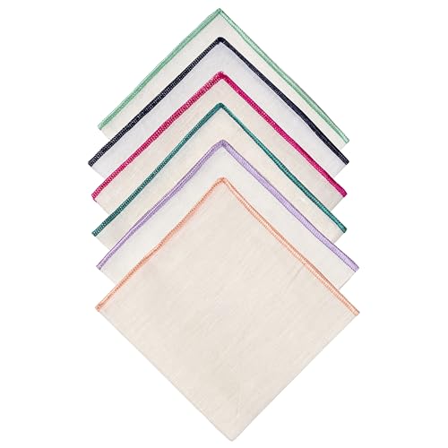 Natural Linen Pocket Squares, Embroidered Contrast Border 3 pcs, Off white - color: A9 (6-pack)