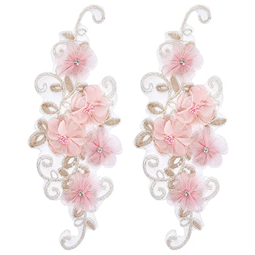 NBEADS 2 Pcs 3D Flower Lace Applique with Rhinestone, Pink Flower Lace Patches Floral Embroidered Appliques Ornaments Sew on Patches for DIY Clothing Wedding Dressing Decoration - color: Pink Flowers with Rhinestone-2 Pcs