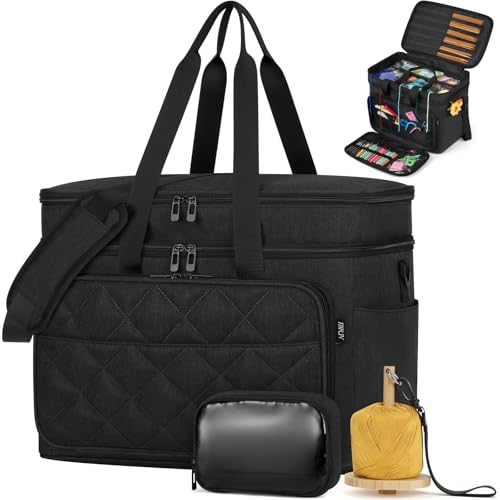 Crochet Organizer Bag with Yarn Holder, Large Yarn Storage for Accessories - color: Black