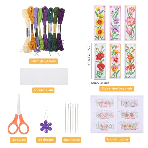 ORIGACH 6 Set Flowers Cross Stitch Bookmark Kit for Beginner - style: Flowers