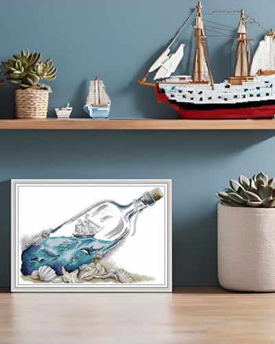 CaptainCrafts Cross Stitch Kits for Adults Counted Cross Stitch Unprinted Fabric Cross Stitching DIY Art DMC Needlecrafts Embroidery Kit for Adults (White, Drifting Bottle in The Sea) - color: Drifting Bottle in The Sea, style: White