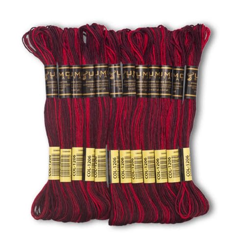 Pack of 12 Premium Embroidery Thread | 100% Egyptian Cotton Premium Skeins | Cross Stitch Embroidery Floss | Oeko TEX Certified | Ideal for Arts & Crafts (Dark Red Variegated 1206) - color: Dark Red Variegated 1206