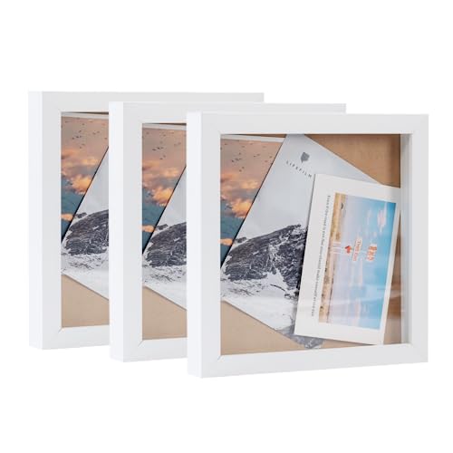 Muzilife 8x8 Shadow Box 3D Picture Frames, Wood, Real Glass, White, 3 Pack - color: 3 Pcs 8x8-white
