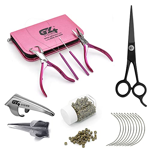 Professional Hair Extension & Beading Tool Kit Remove Plier Set for beads (4 Piece) I-Link Micro Ring Loop Needle Pulling Hook Threader Wire for Silicone Rings (Dark Blonde Beads) - color: Dark Blonde Beads