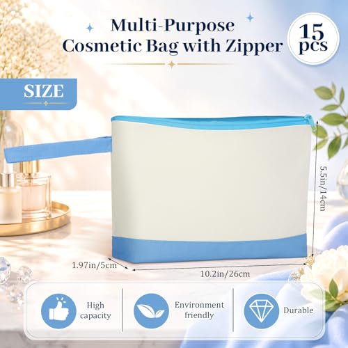 Silkfly 15 Pcs Cotton Canvas Makeup Bags Cosmetic Zipper Bags 10.2 x 5.5 x 2'' Blank DIY Pouch Bulk Pencil Case with Bottom Travel Toiletry Pouch for Women Craft Decor Gift (Beige and Light Blue) - color: Beige and Light Blue
