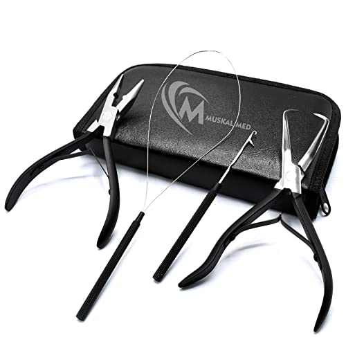 Professional Hair Extension & Beading Tool Kit Remove Plier Set for beads (4 Piece) I-Link Micro Ring Loop Needle Pulling Hook Threader Wire for Silicone Rings (Black) - color: Black