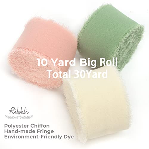 Ribbli Chiffon Ribbon 1.5 inch x 30 Yard Handmade Silk Ribbon, Ivory/Blush Pink/Sage Green Fringe Chiffon Ribbon for Wedding Invitations, Bridal Bouquets Wrapping, Flower Arrangement Decoration - color: Ivory/Blush Pink/Sage Green