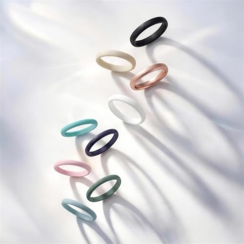 Egnaro Women's Silicone Wedding Ring 2.5mm Wide 1.8mm Thick Rubber Band Set - color: 2-Black, Maroon, Cream Beige, Light Rose Gold, White, Light Green, Light Pink, Dark Blue, Green, Cloudy Green