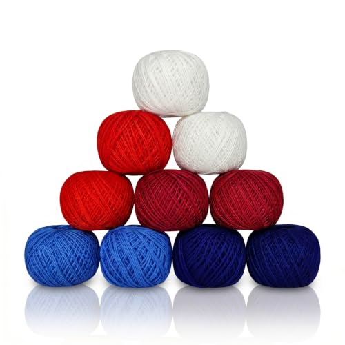 KGS Crochet Thread Cotton Yarn Balls | Size 8 | 10 Balls | 10 Grams Each Ball | Total 100 Grams of Pearl Cotton Thread for Crocheting, Hardanger, Needlepoint Hand Embroidery (Patriotic Hues) - color: Patriotic Hues