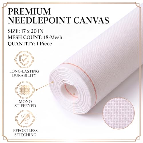 Mono Deluxe Needlepoint Canvas, 17" x 20", 100% Cotton Rolled Blank Cross Stitch Fabric, Rolled for No Crease, White (18 mesh)