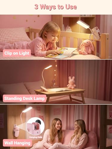 Pink Desk Lamp Cute Clip on Lamp,45 Modes Dimmable+450 Lumen Clip on Light - color: Pink
