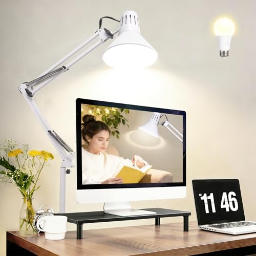 White Desk Lamp with Clamp, Extra-Tall Adjustable Metal Swing Arm, 3000K - color: White, size: 3000K Warm Light-Extra Long Swing Arm