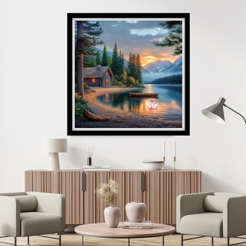 Fanxvivy Counted Cross Stitch Kits for Adults 11CT Unprinted Cross-Stitch Patterns Embroidery Kits Easy Cross Stitching Needlepoint Kits&Swan by the Lake Home 18x18 inch - color: DIY-craft16