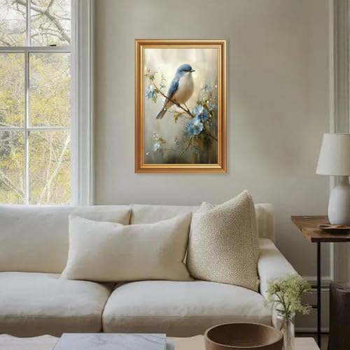 Wojuin Framed Vintage Blue Bird Floral on Branch Canvas Wall Art 16x24 inch - color: Bird, size: 24"L x 16"W